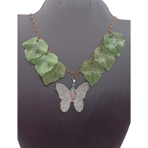 Handmade Butterfly Necklace with Green Leaf Accents Stainless Steel 24" - Picture 1 of 3